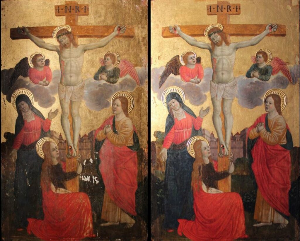 Panneaux italien représentant la Crucifixion et appartenant au MAH de Genève, avant et après restauration