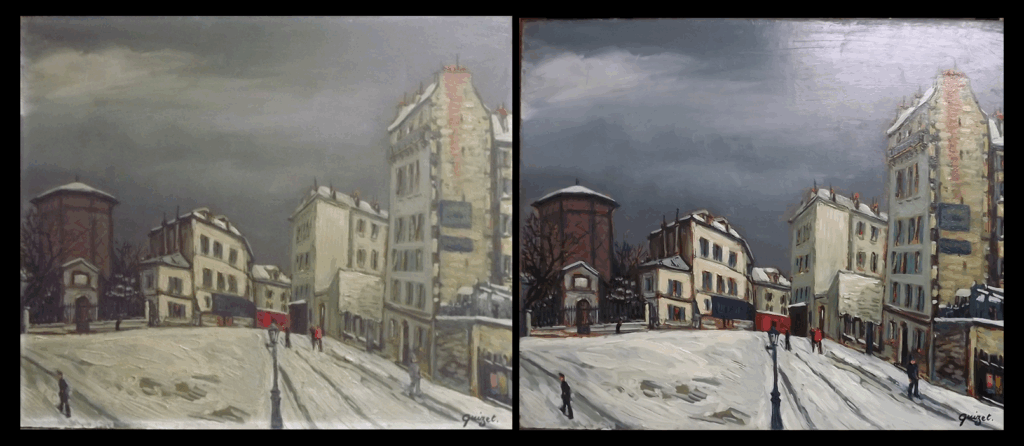 peinture a l'huile sur panneau de bois représentant une rue enneigée, avant et après restauration