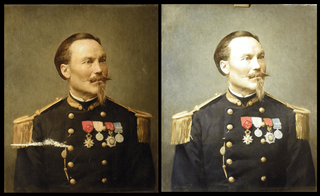 portrait de militaire avant et après restauration, huile sur toile